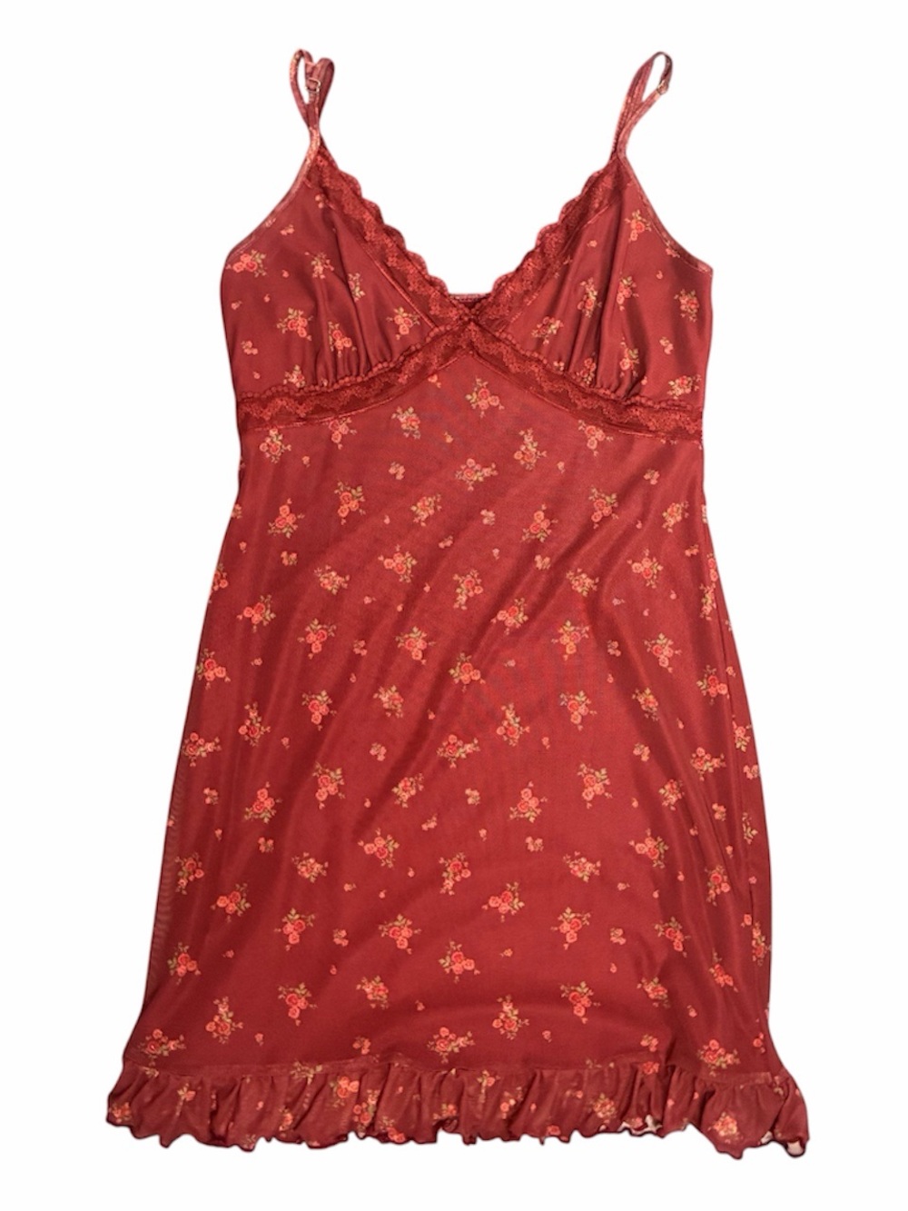Red mini dress with floral pattern and lace trim